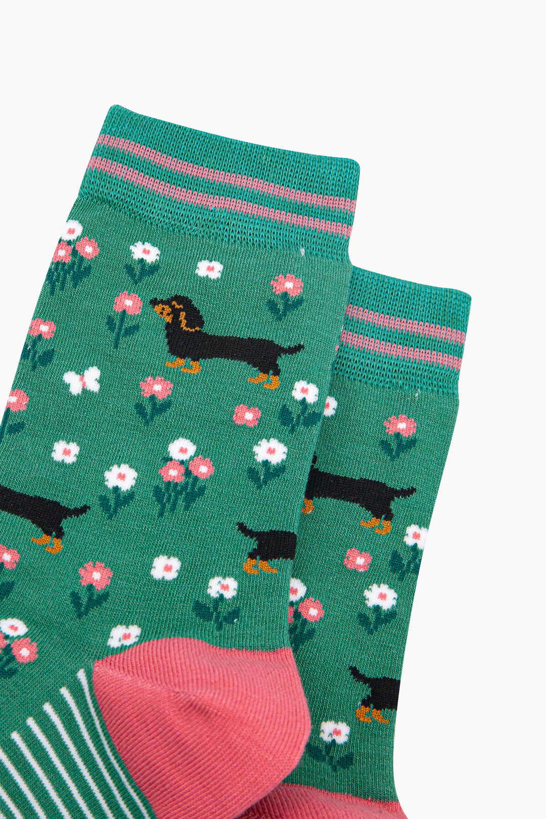 Sausage-Dog-Floral-Bamboo-Socks-in-Green-Close-Up