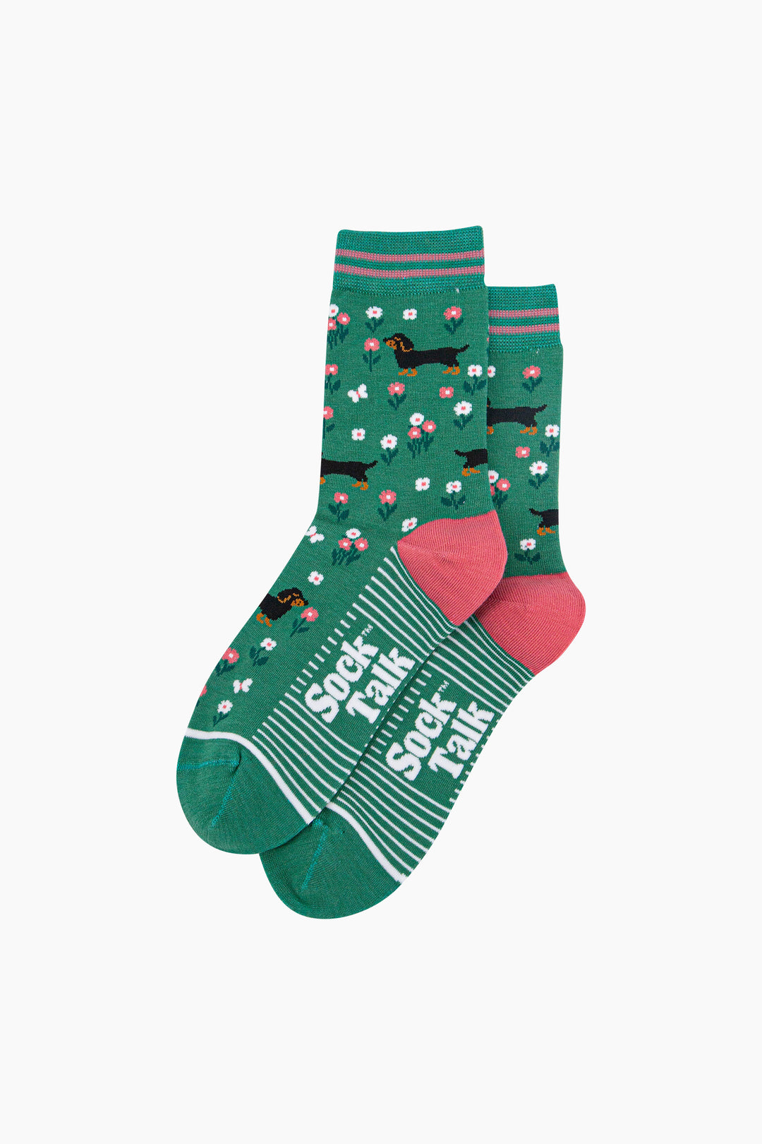 Sausage-Dog-Floral-Bamboo-Socks-in-Green-Laid-Flat