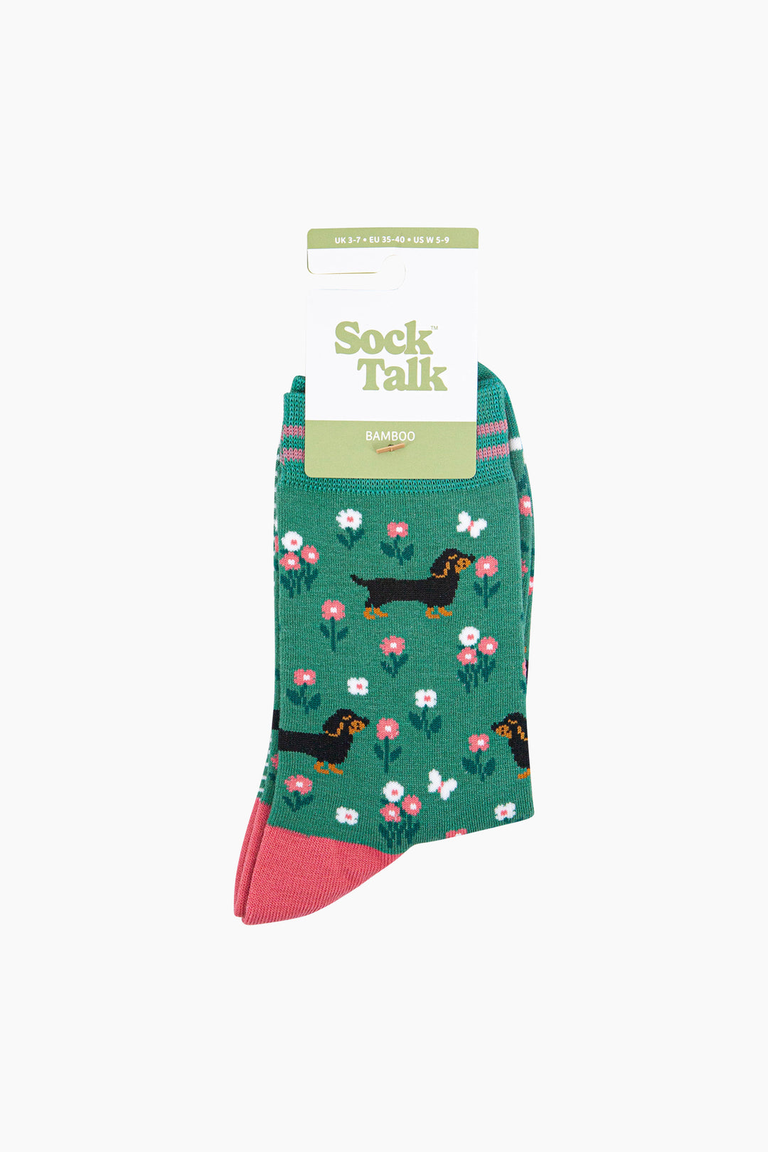 Sausage-Dog-Floral-Bamboo-Socks-in-Green-In-Packaging