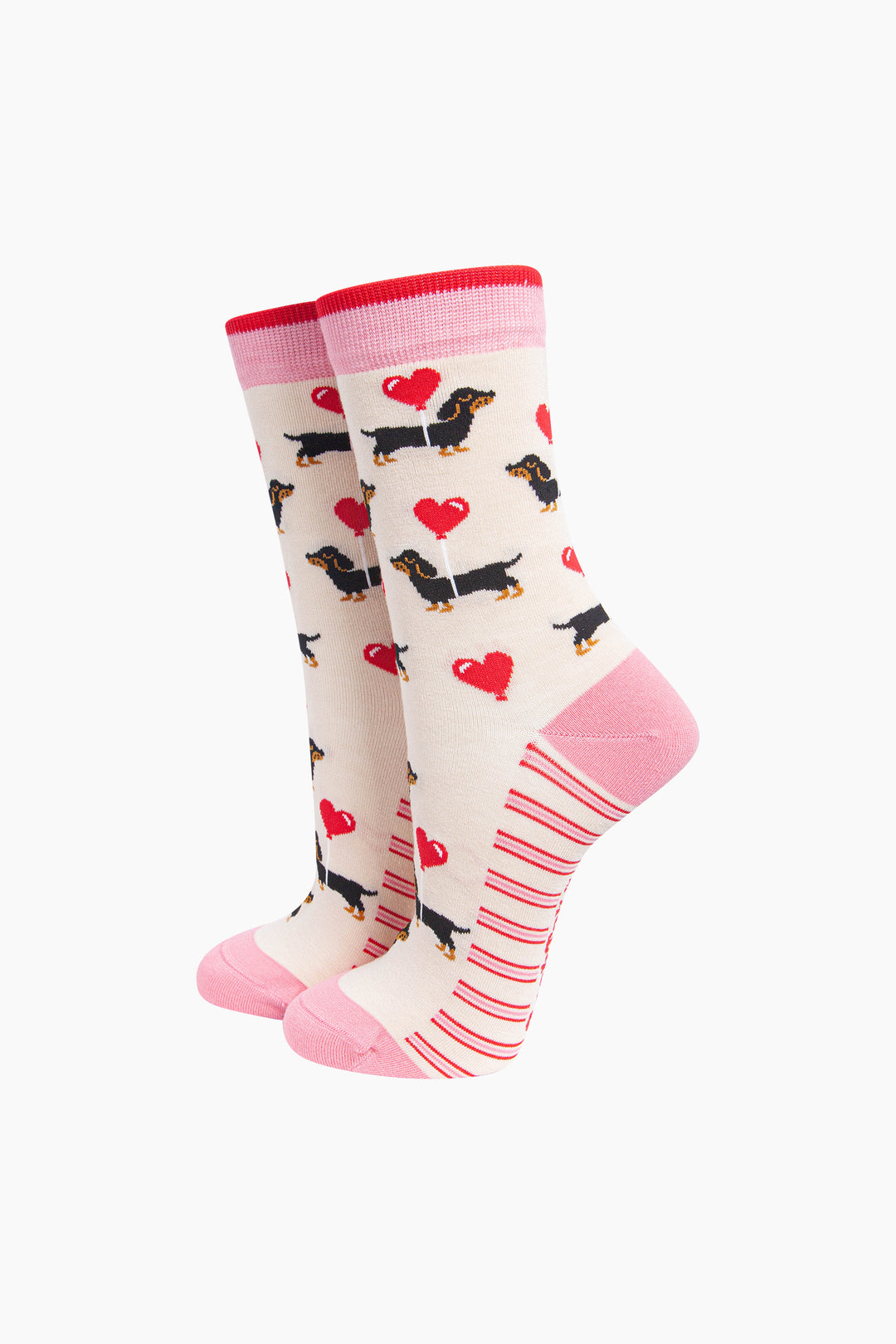 Sausage-Dog-&-Heart-Balloon-Women's-Bamboo-Socks-in-Cream-On-Mannequin