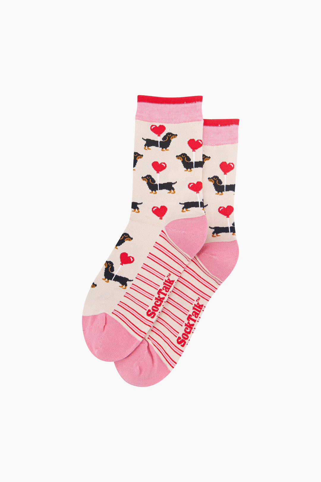 Sausage-Dog-&-Heart-Balloon-Women's-Bamboo-Socks-in-Cream-Laid-Flat