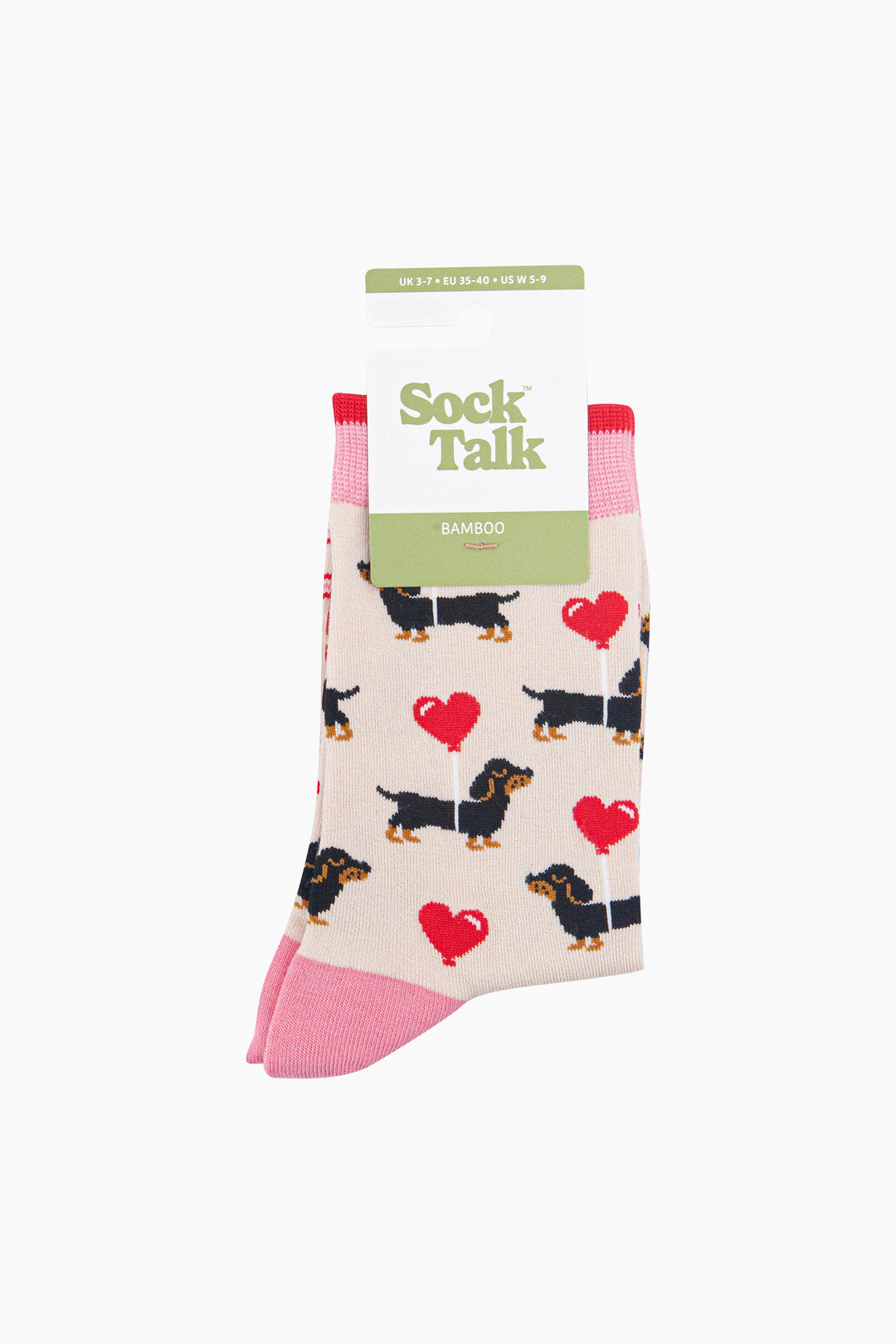 Sausage-Dog-&-Heart-Balloon-Women's-Bamboo-Socks-in-Cream-In-Packaging