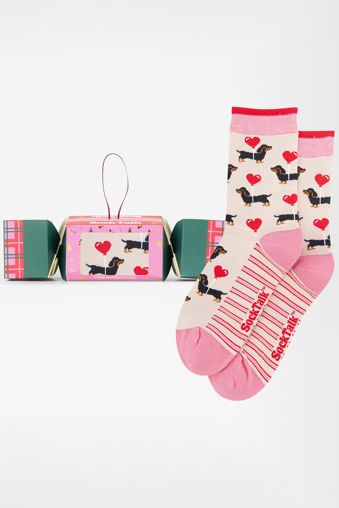 Sausage-Dog-Heart-Balloons-Bamboo-Crew-Socks-Christmas-Cracker-Gift-Box-in-Cream