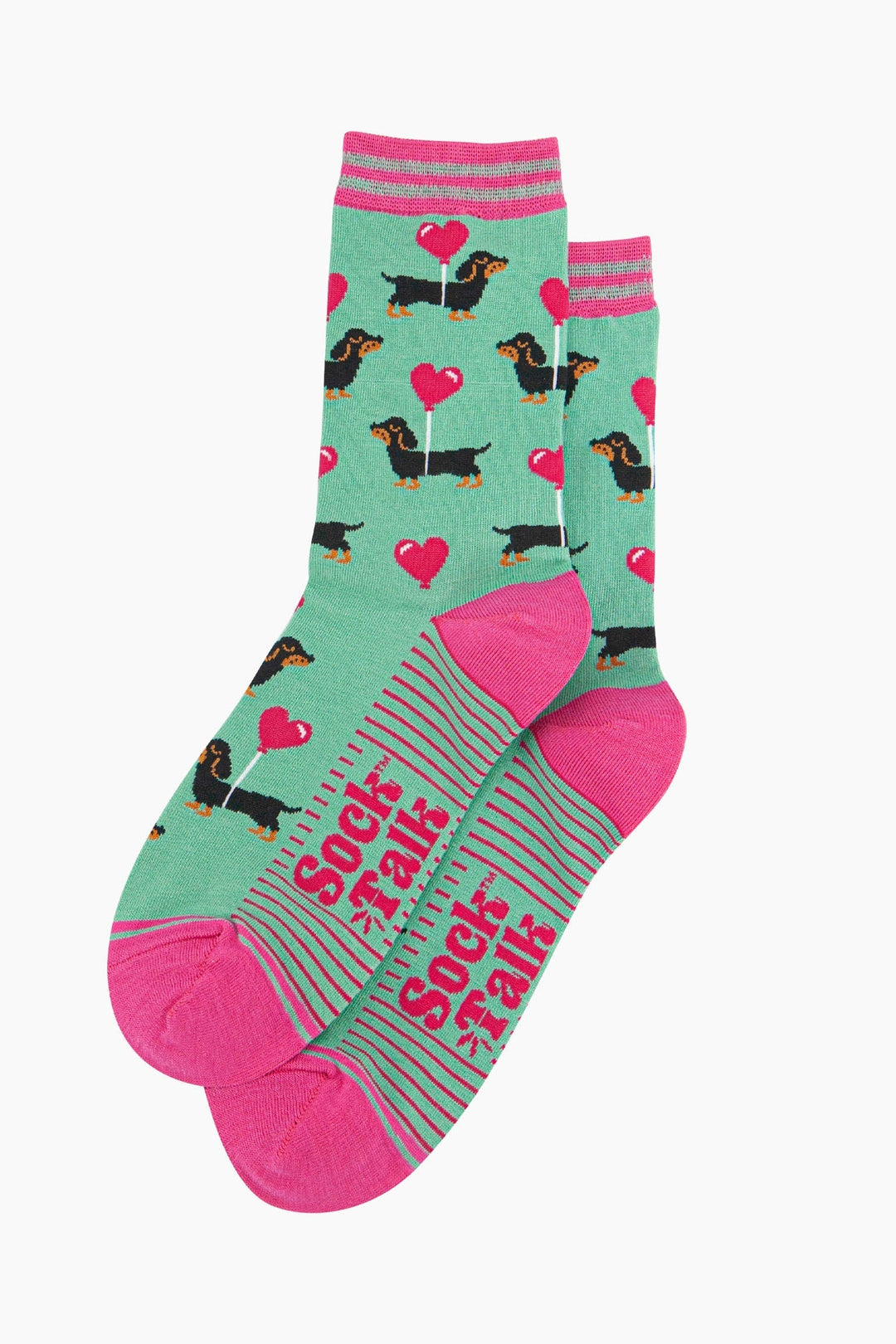Women's Bamboo Ankle Socks Christmas Cracker Gift Box - Mint/Pink, Sausage Dog With Love Heart Balloon