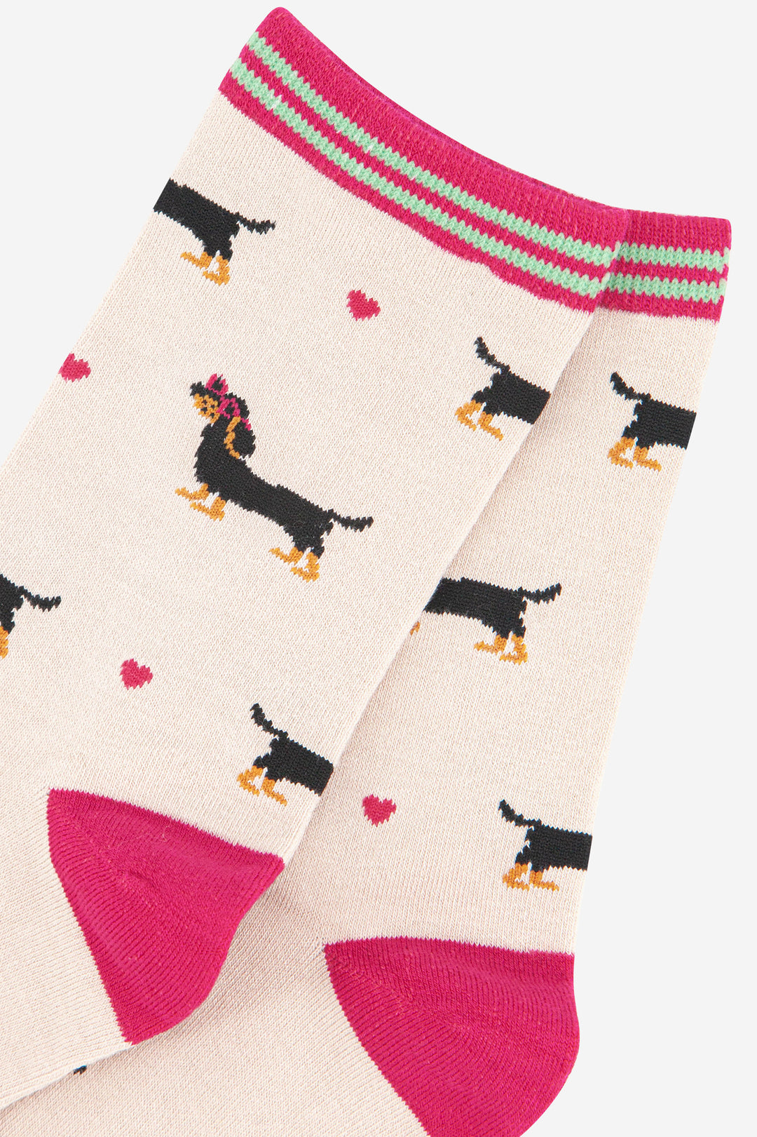 close up of the sausage dog and love heart pattern and striped cuff of the sock