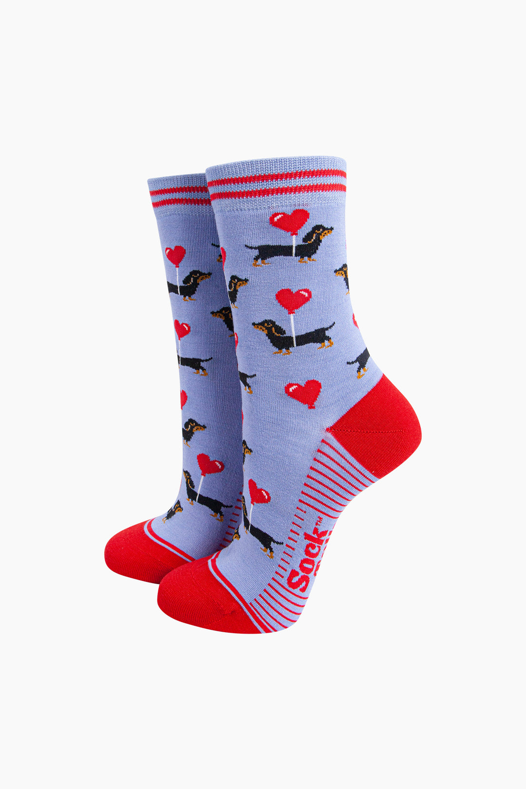Sausage-Dogs-Heart-Balloon-Bamboo-Socks-in-Blue-On-Foot-Mannequin