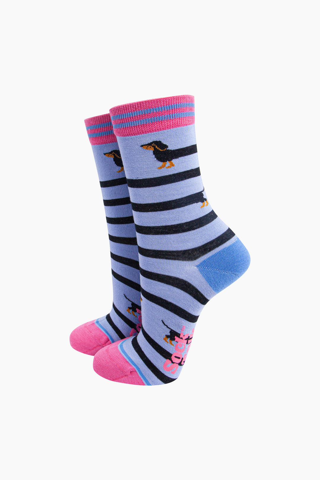 Winding-Sausage-Dog-Bamboo-Socks-in-Blue-On-Foot-Mannequin