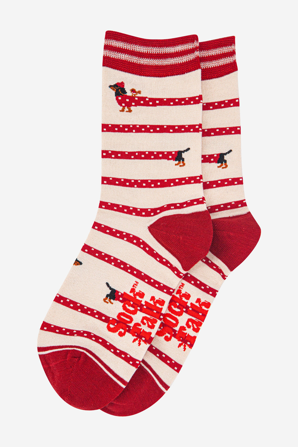 womens-bamboo-socks-cream-berry-winding-sausage-dog-laying-flat