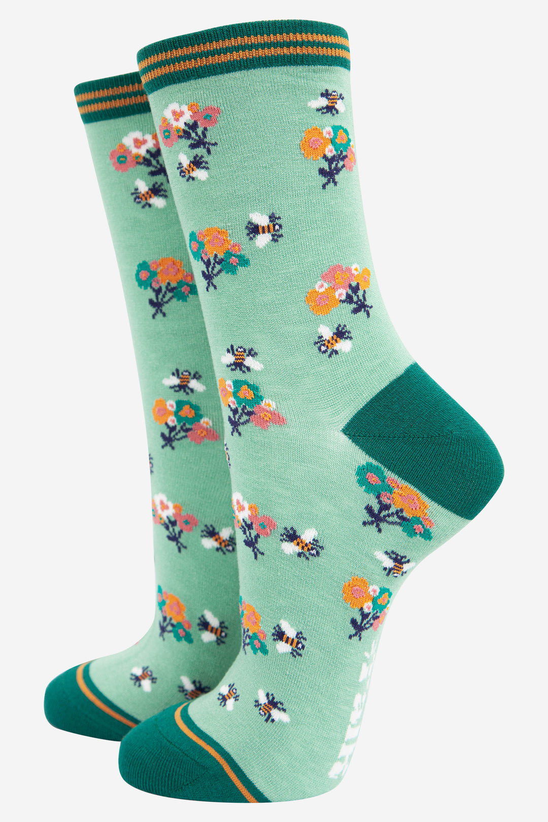 light green bamboo socks with an all over bee and floral posey pattern