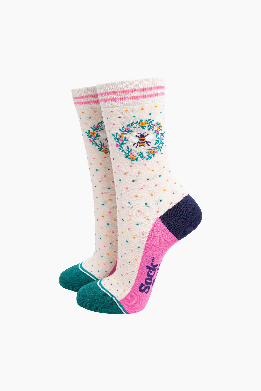 Bee-Floral-Wreath-Bamboo-Socks-in-Cream-On-Foot-Mannequin