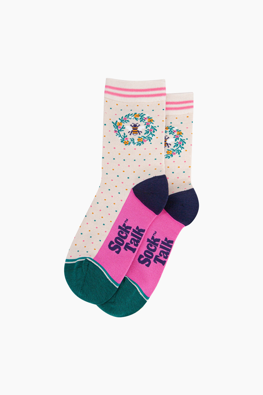 Bee-Floral-Wreath-Bamboo-Socks-in-Cream-Laid-Flat