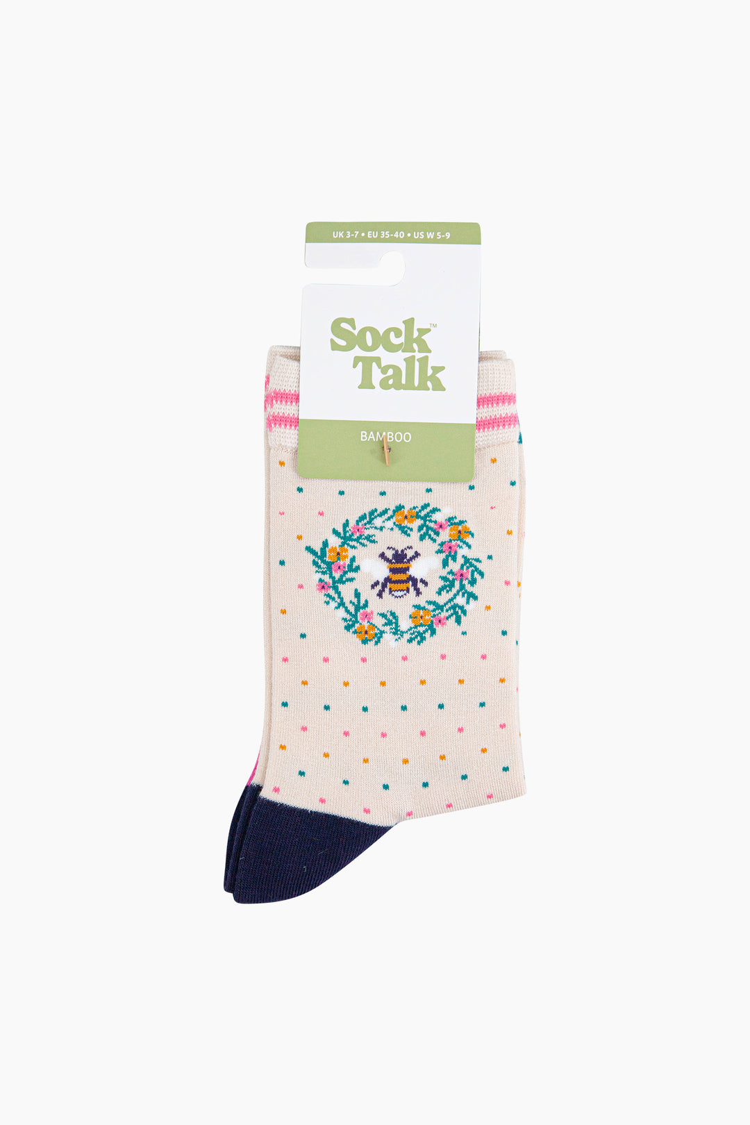 Bee-Floral-Wreath-Bamboo-Socks-in-Cream-In-Packaging