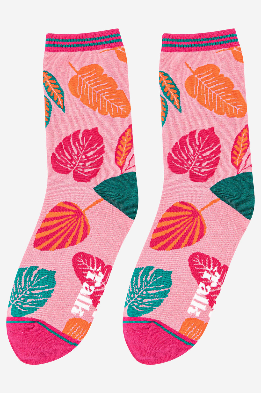 pink ankle socks with an all over colourful tropical leaf print in orange, green and fuchsia