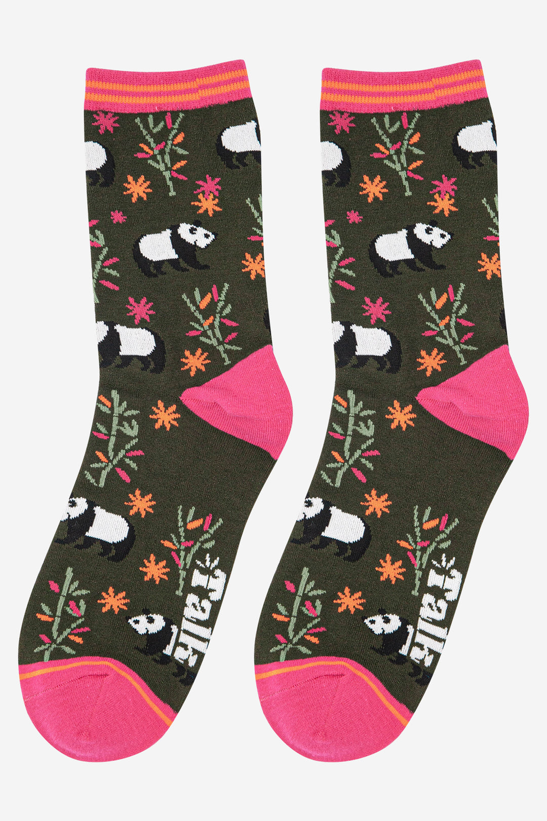 khaki green and pink ankle socks with an all over pattern of pandas and bamboo leaves