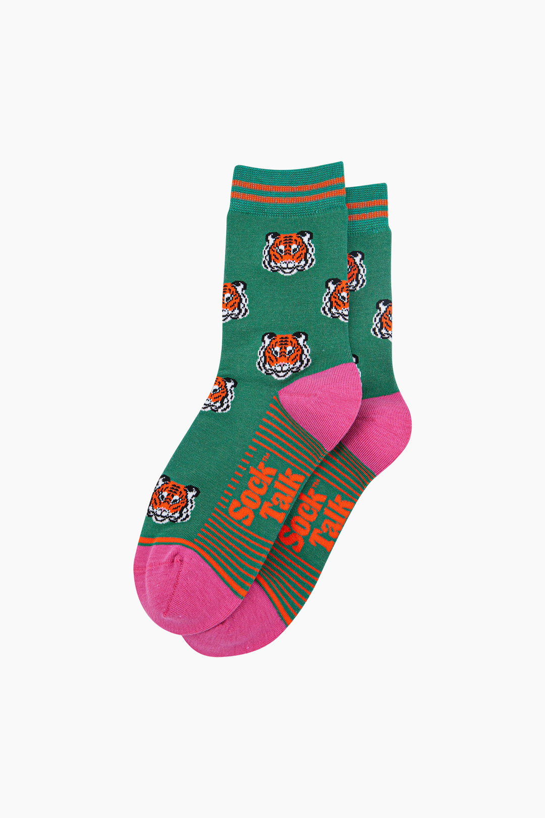 Tiger-Faces-Bamboo-Socks-in-Green-Laid-Flat