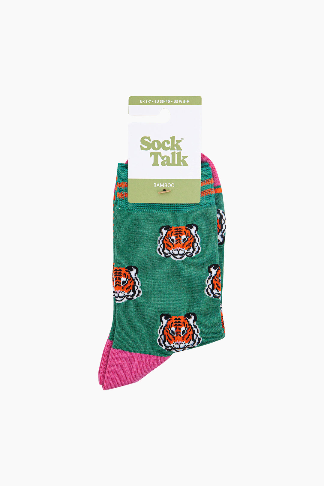 Tiger-Faces-Bamboo-Socks-in-Green-In-Packaging