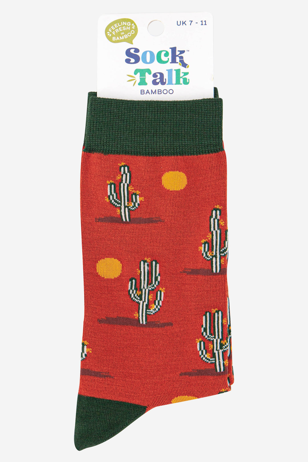 mens desert sun and cactus print dress socks in burnt orange and khaki green