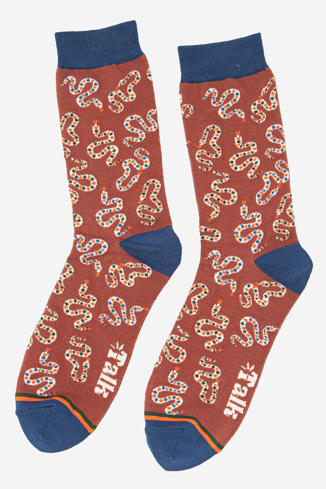 mens bamboo snake pattern dress socks in burnt orange and blue