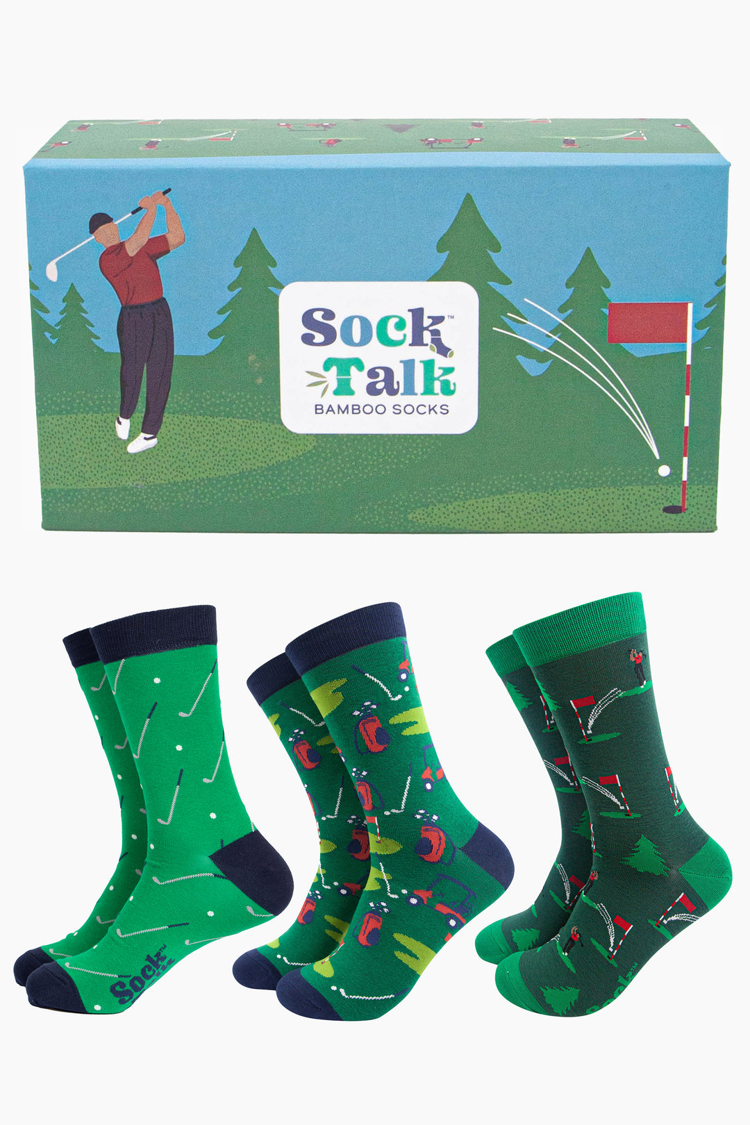 three pairs of green golf inspired bamboo socks with a gift box designed to look like a golfer putting