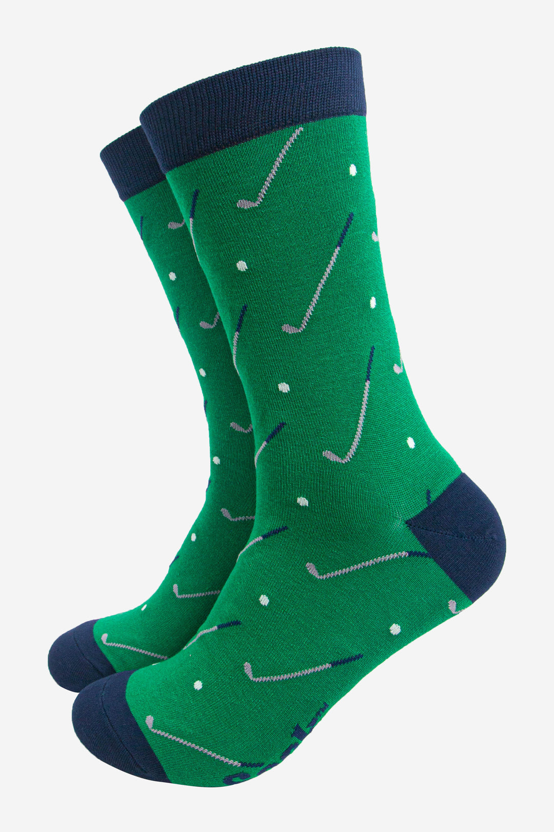 green dress socks with an all over pattern of golf balls and golf clubs