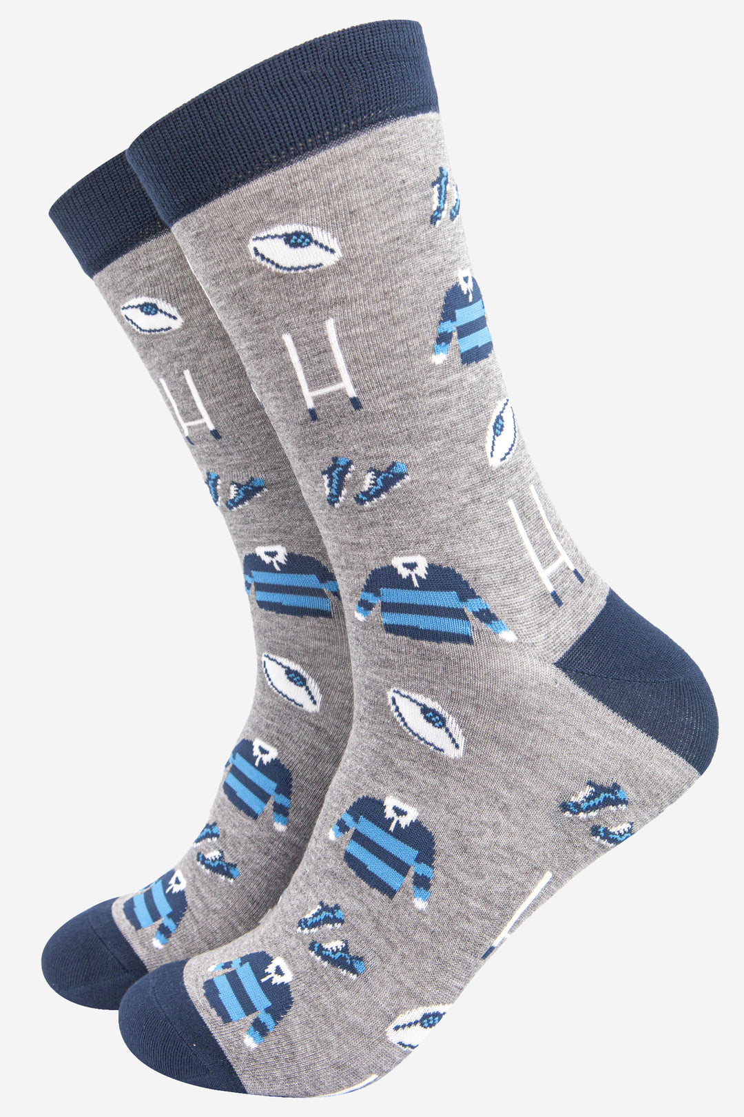 grey and blue dress socks featuring a blue rugby team kit, rugby ball and rugby goal posts