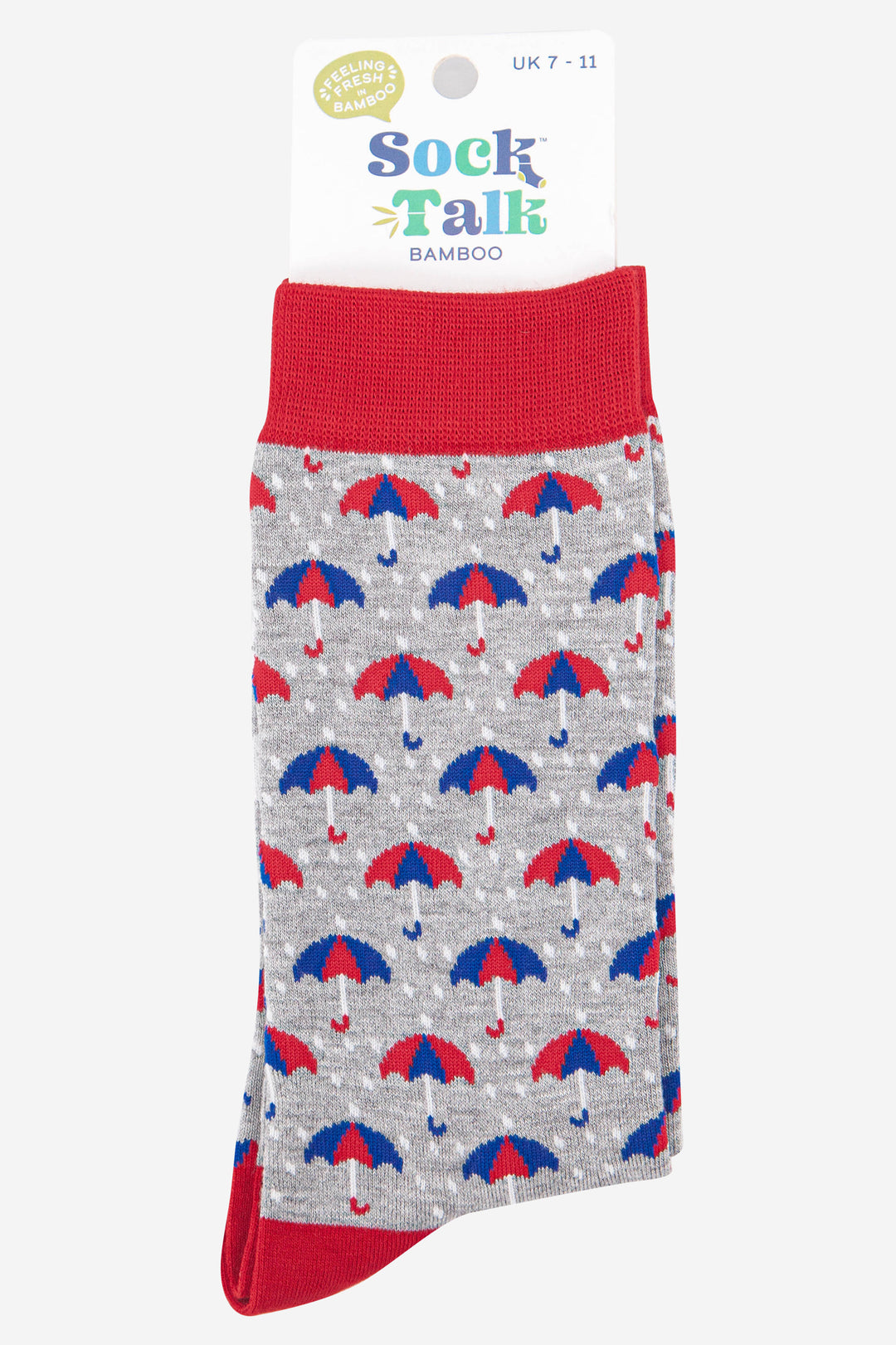 mens rain umbrella pattern bamboo novelty socks in grey, blue and red