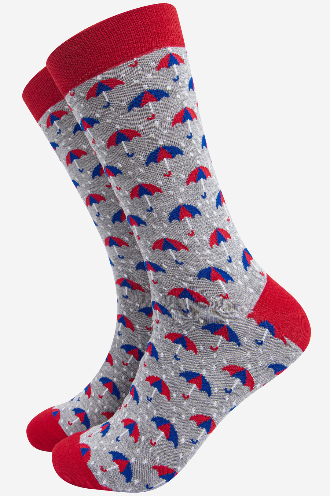 grey dress socks with red heel, toe and cuff with an all over pattern of red and blue umbrellas and white rain drops