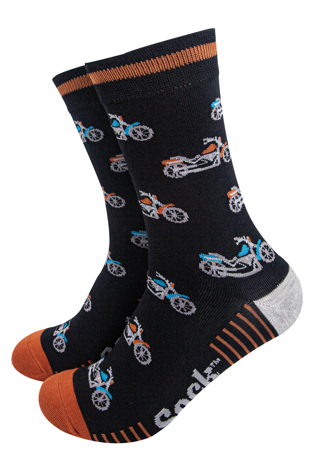 mens-bamboo-socks-black-orange-motorbikes-biker