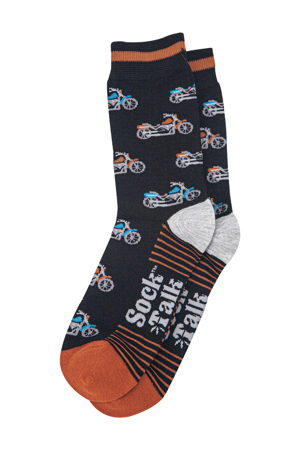 mens-bamboo-socks-black-orange-motorbikes-laying-flat