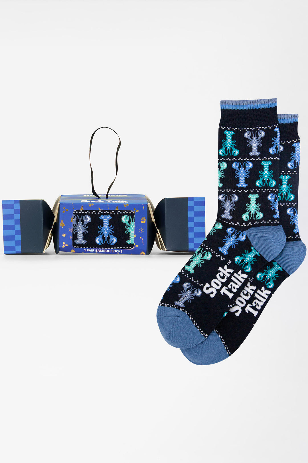Lobster-Fair-Isle-Bamboo-Crew-Socks-Christmas-Cracker-Gift-Box-in-Navy-Blue