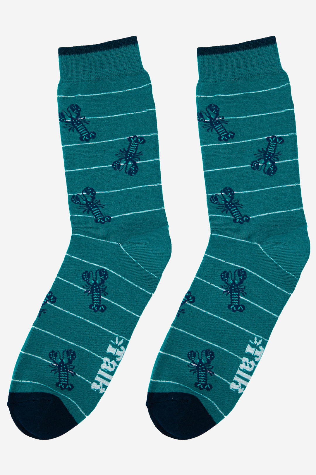 mens blue bamboo lobster socks with a white horizontal pin stripe pattern
