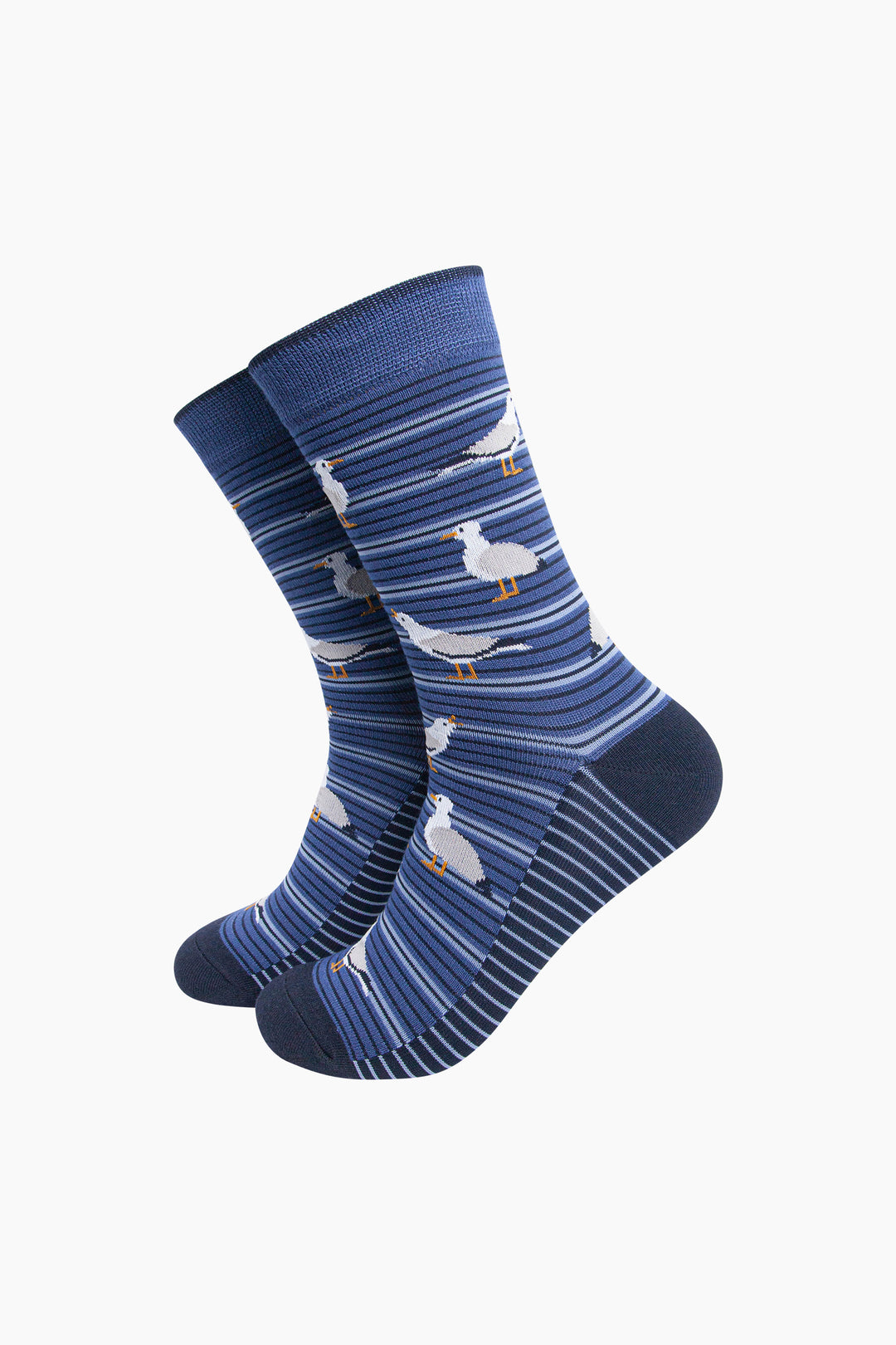 Seagull-Stripe-Men's-Bamboo-Socks-in-Denim-Blue-On-Mannequin