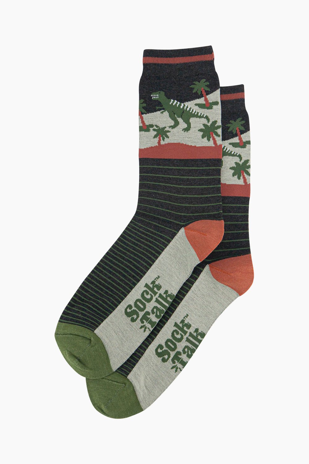 mens-bamboo-socks-black-green-t-rex-forest-laying-flat