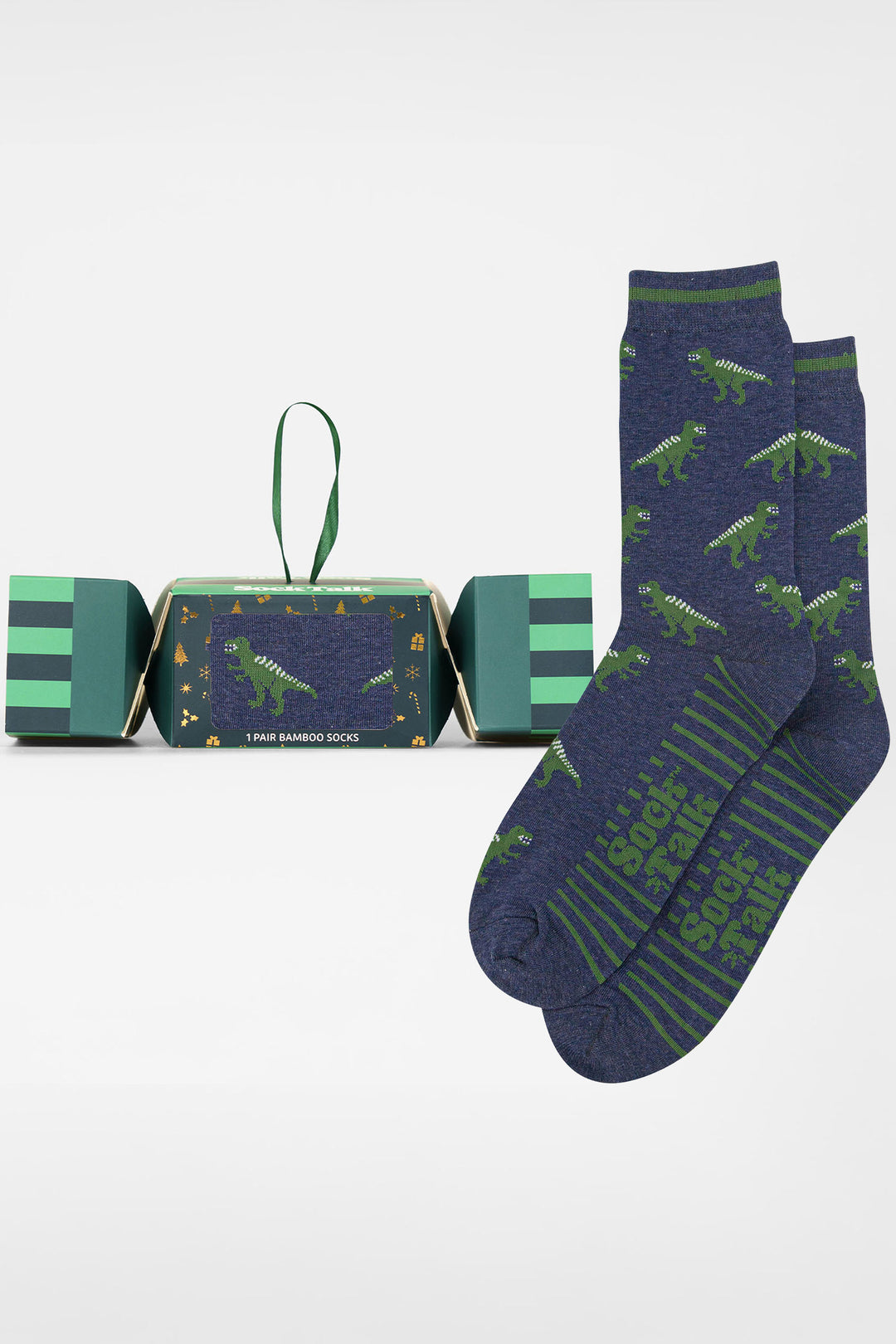 T-Rex-Dinosaur-Bamboo-Crew-Socks-Christmas-Cracker-Gift-Box-in-Navy-Blue