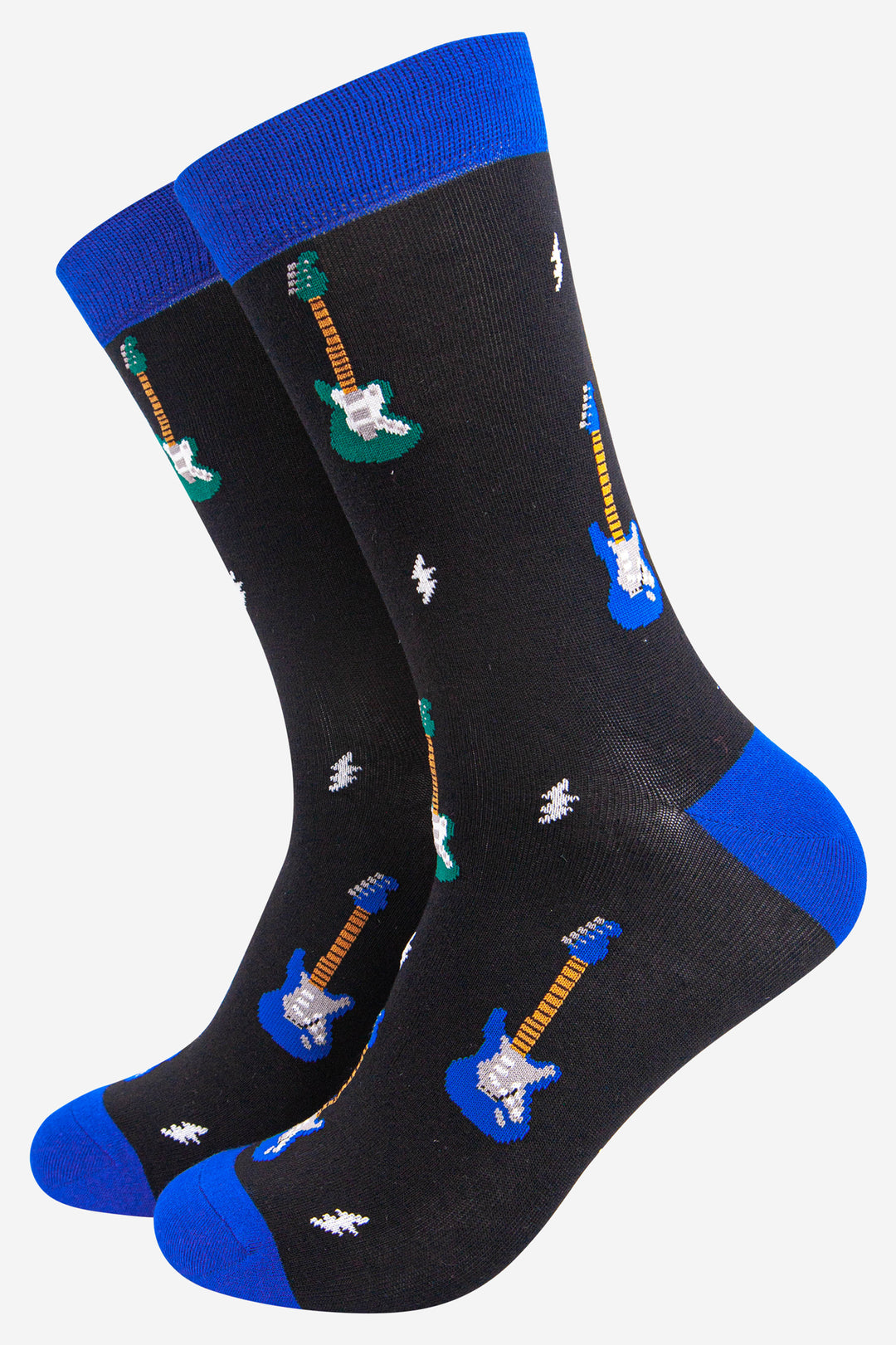 black bamboo dress socks with blue heel, toe and cuff and featuring an all over electric guitar and lightning bolt pattern