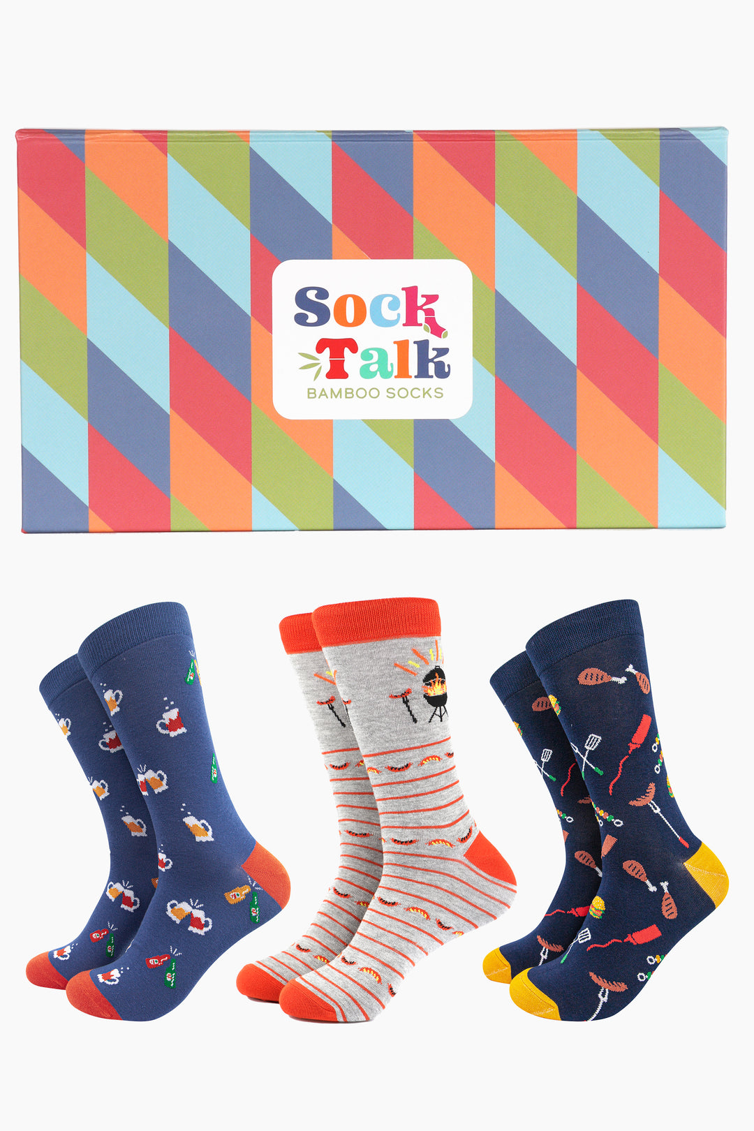 multicoloured geometric pattern gift box with three pairs of bbq themed bamboo socks, one pair featuring beer bottle and glasses and two featuring bbq grill designs