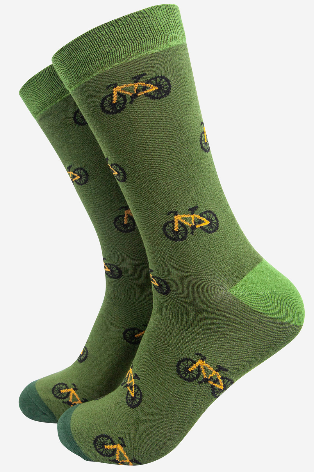mens green bamboo dress socks with an all over yellow bicycle print pattern