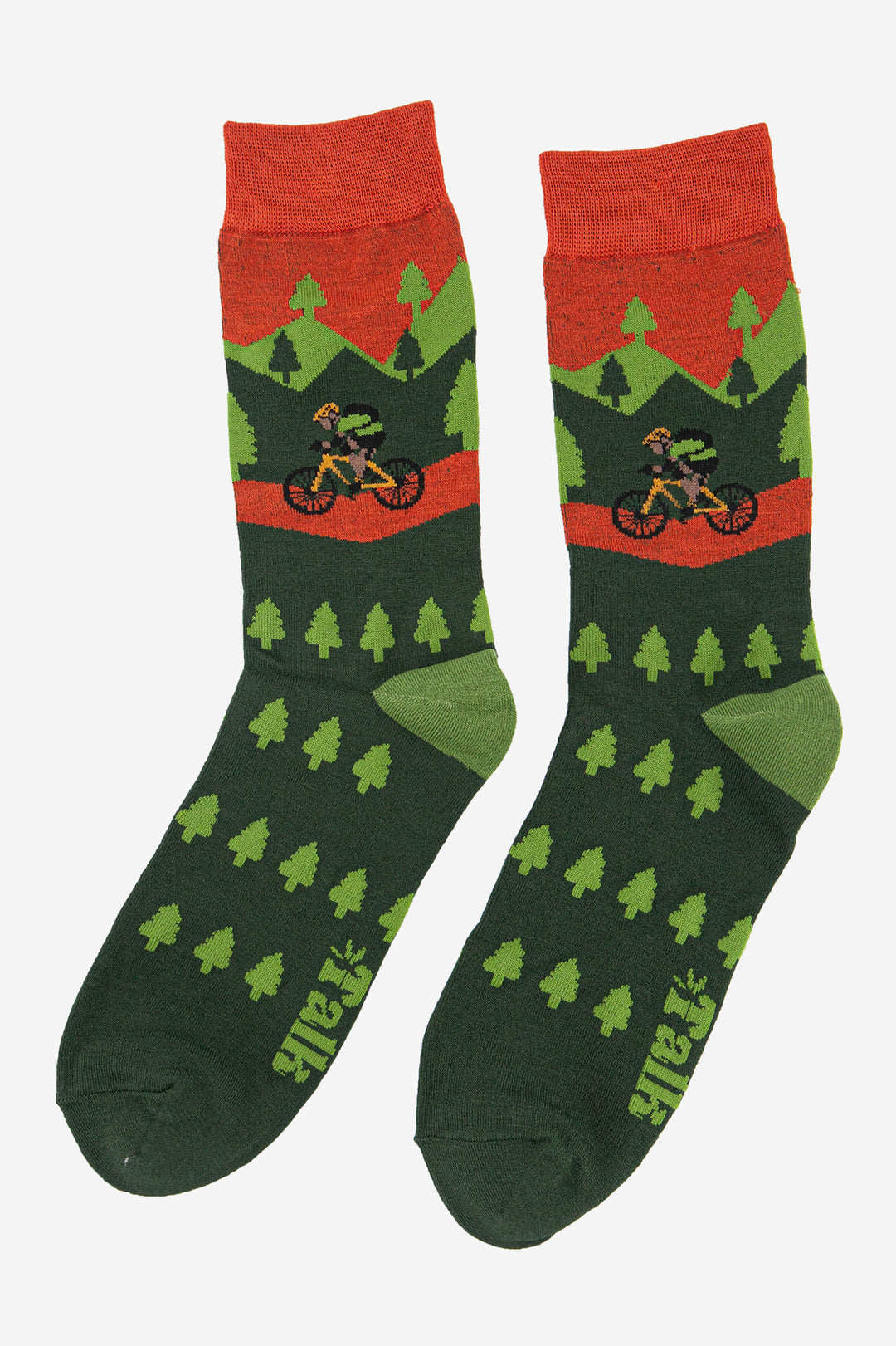 mens bamboo socks featuring a mountain biker riding through a forest