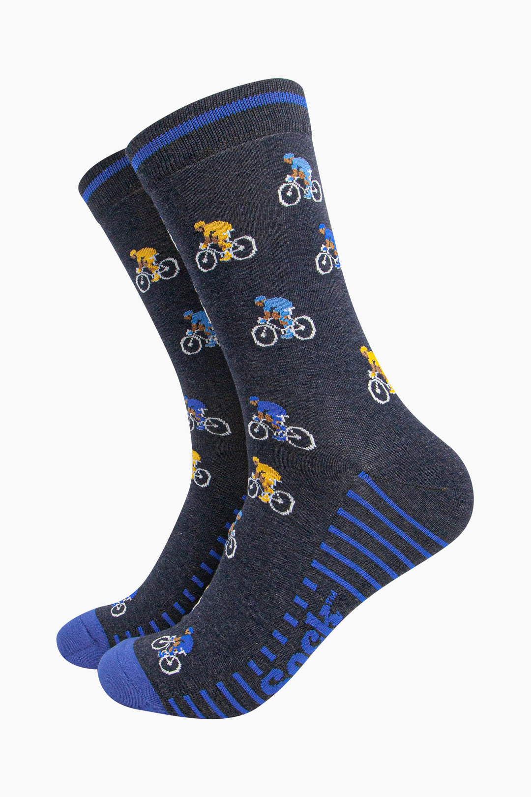 mens-bamboo-socks-navy-cyclists-pattern-blue-yellow-jersey-competivie-cycling