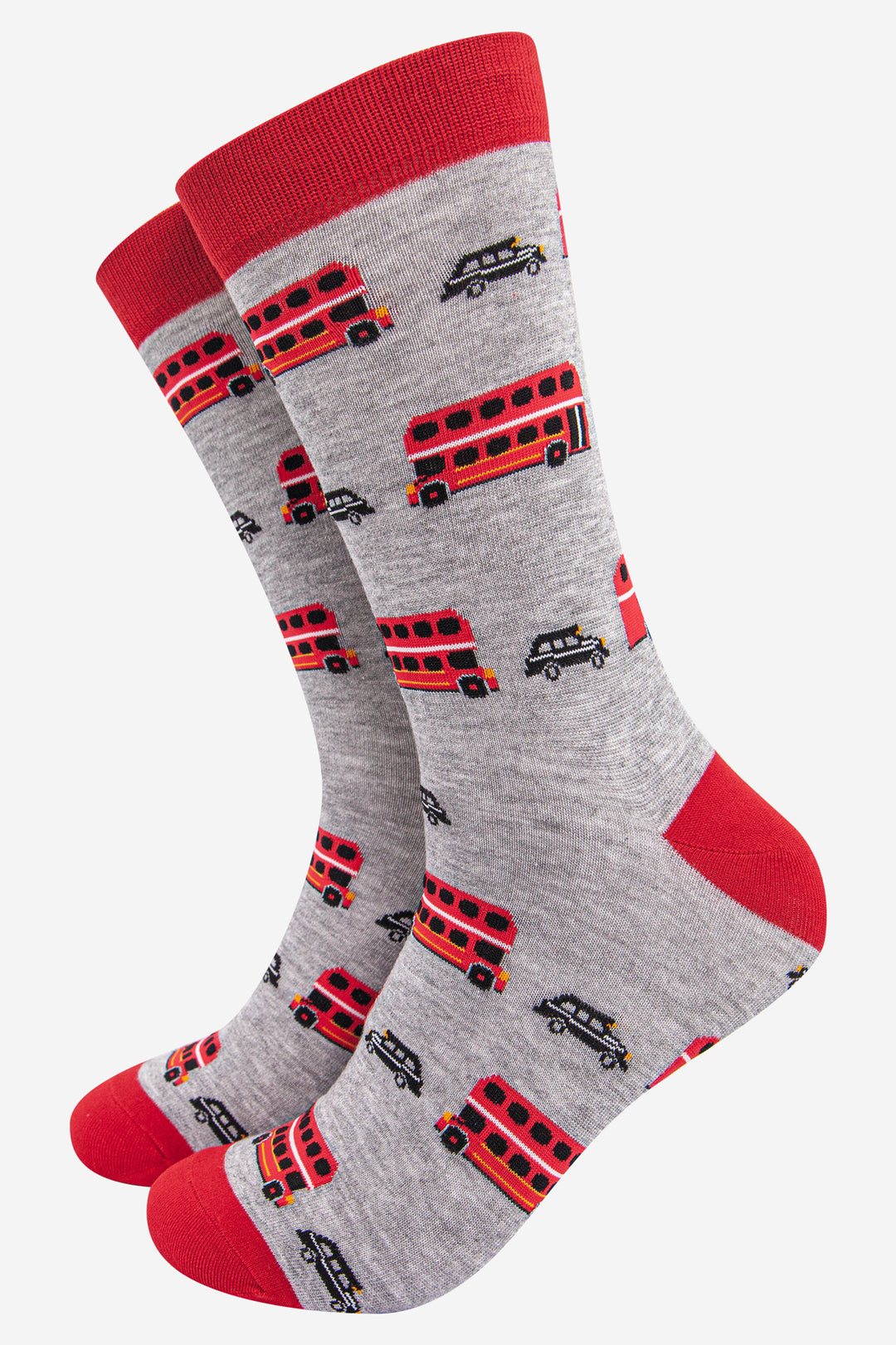 grey socks with red heel, toe and cuff with an all over pattern of black hackney cabs and red buses
