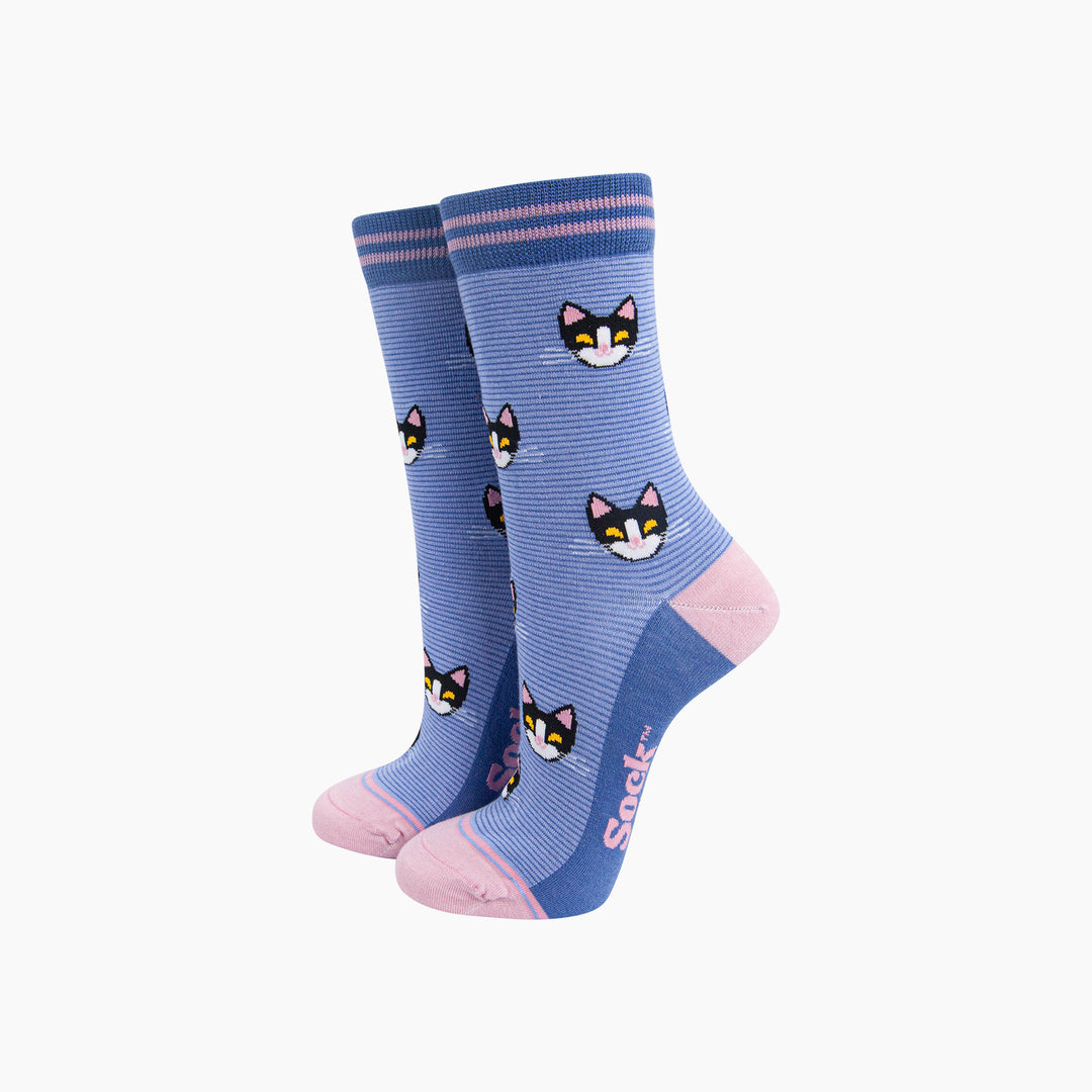 Cats-Striped-Bamboo-Socks-in-Blue-Mannequin