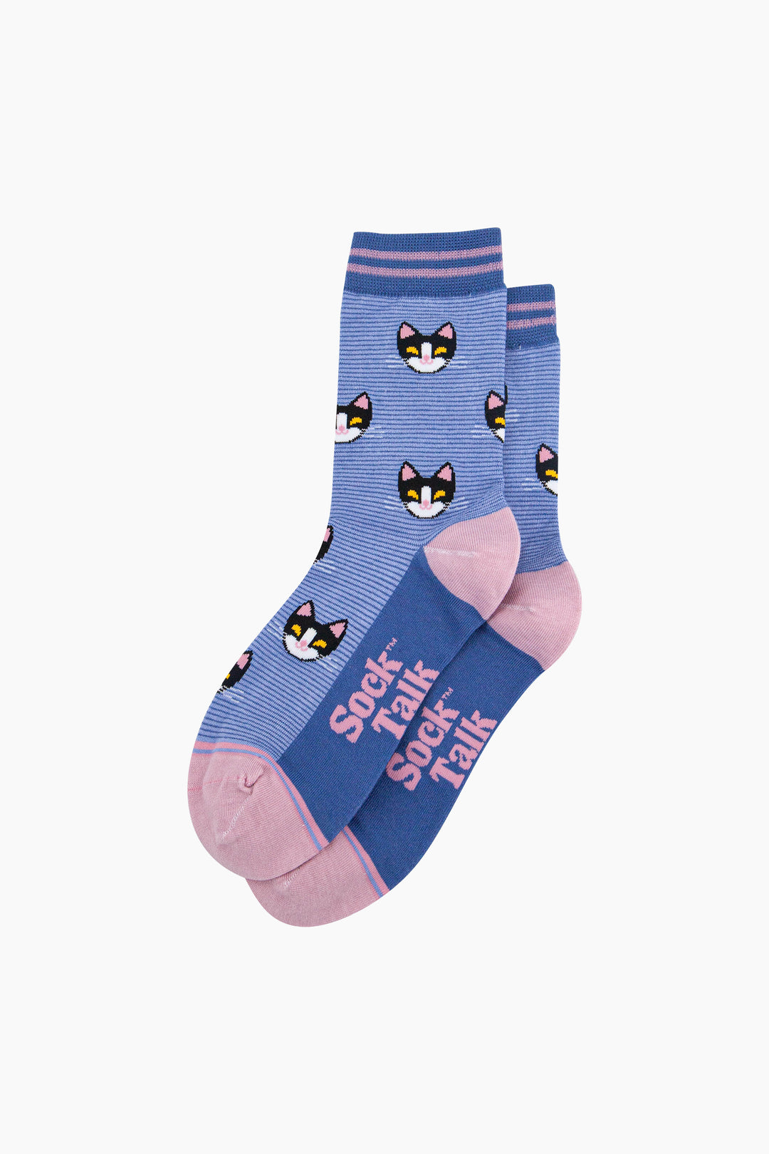 Cats-Striped-Bamboo-Socks-in-Blue-Lying-Flat