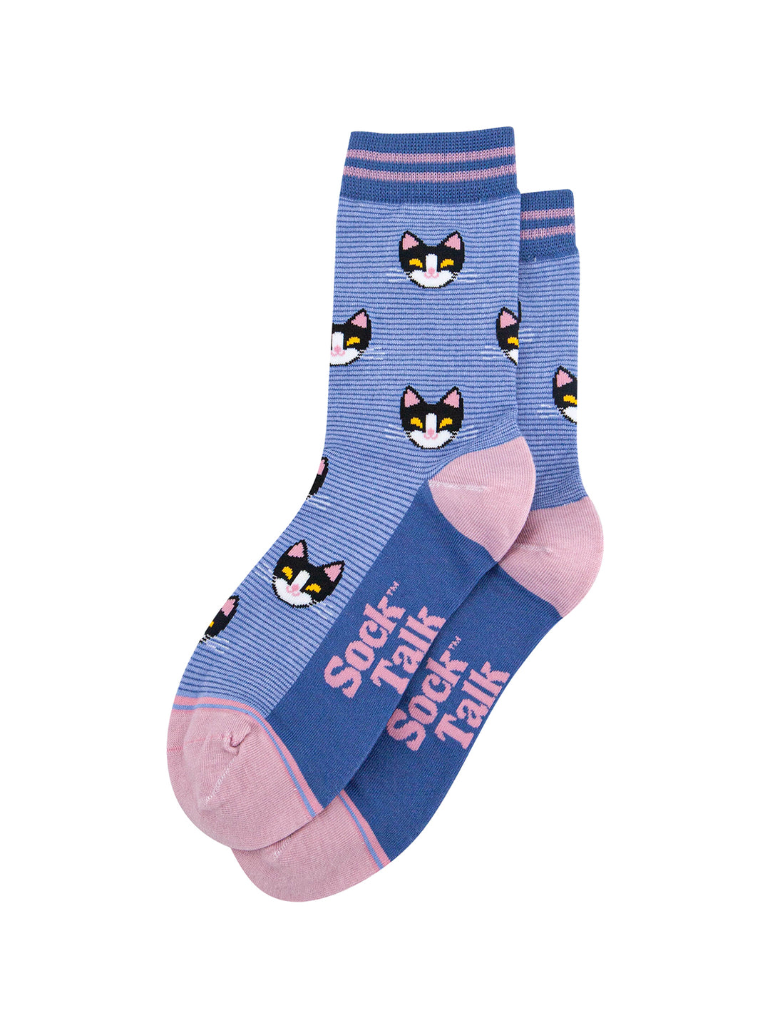 Cats-Striped-Bamboo-Socks-in-Blue-Lying-Flat
