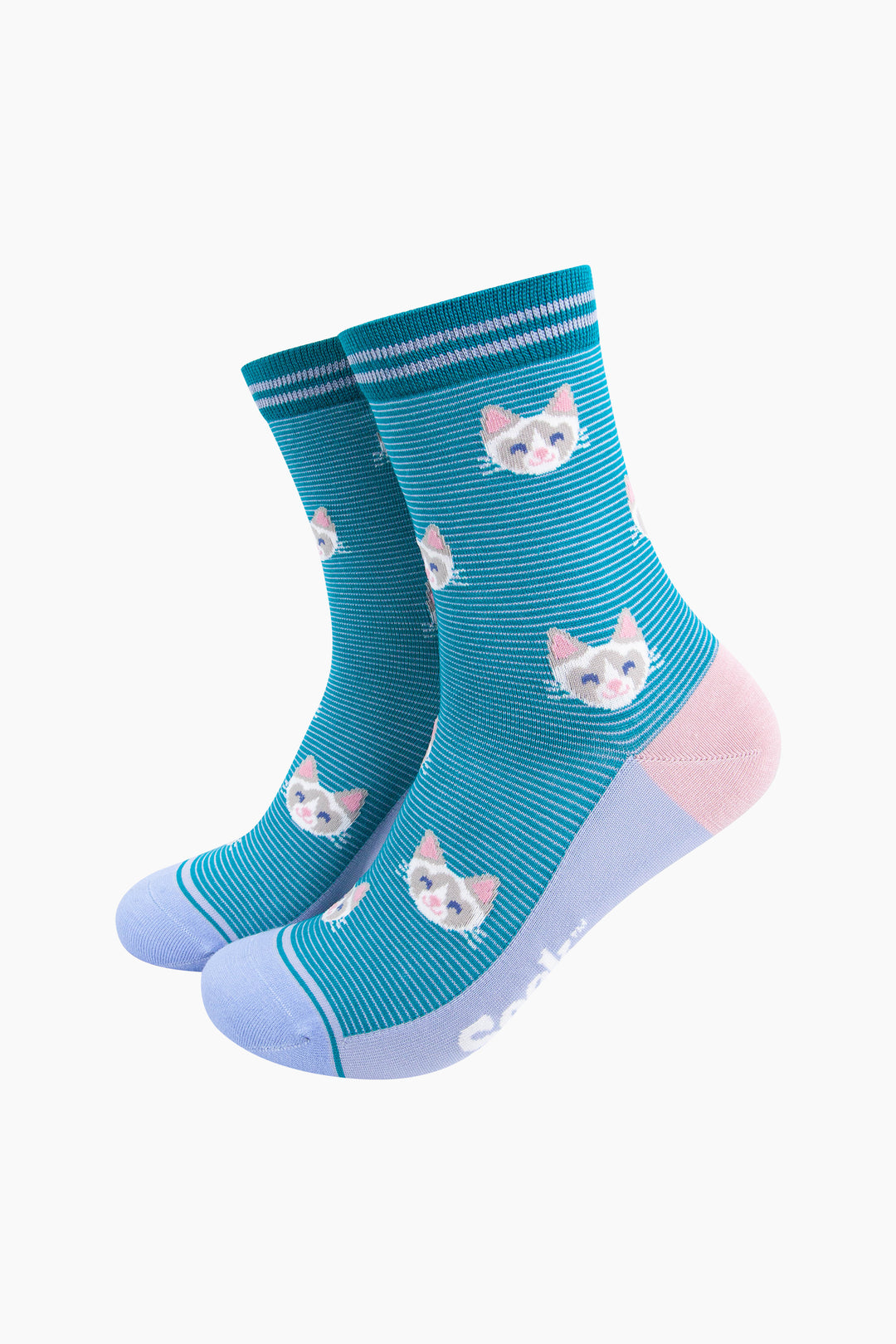 Cats-Striped-Bamboo-Socks-in-Teal-Mannequin