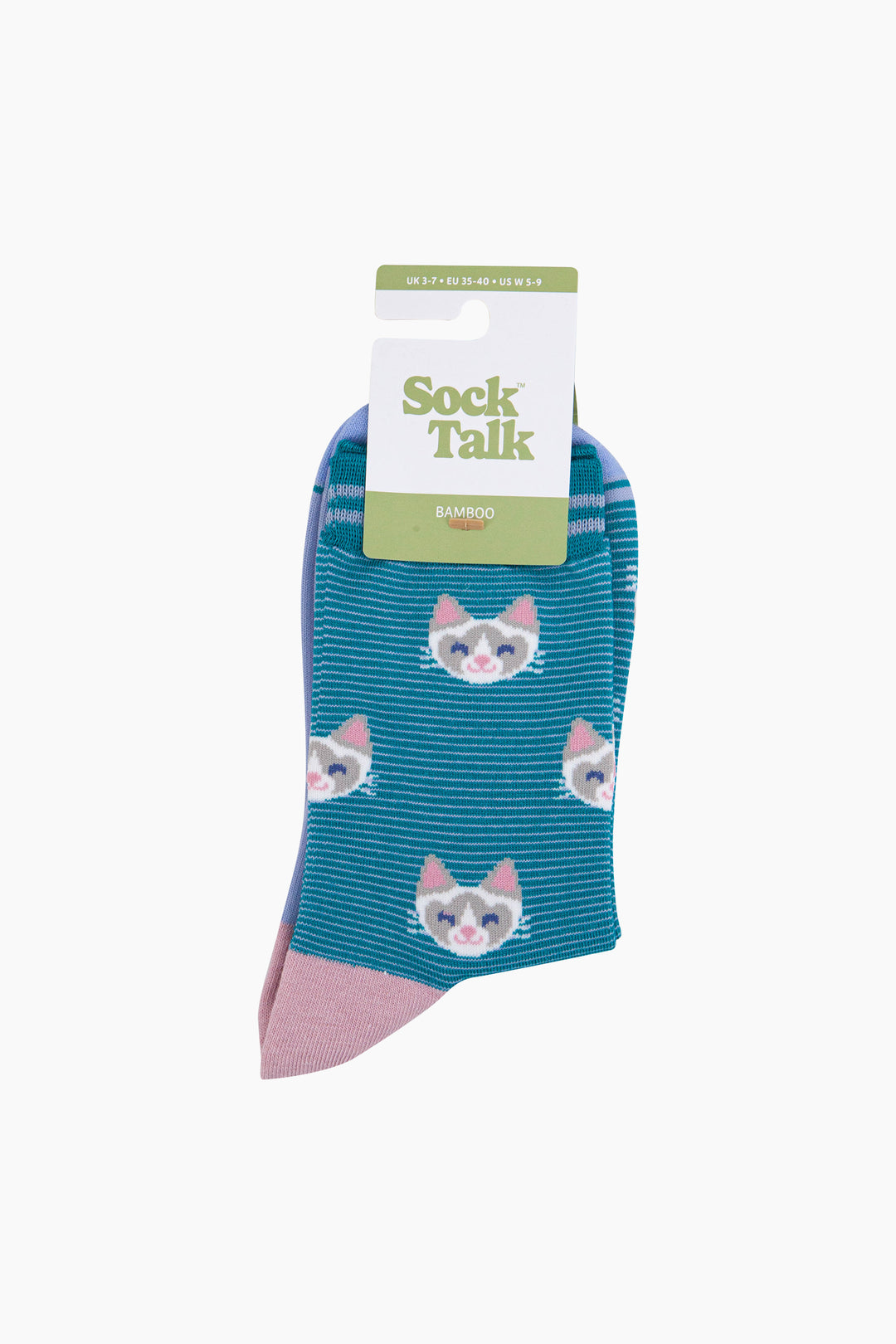 Cats-Striped-Bamboo-Socks-in-Teal-In-Packaging
