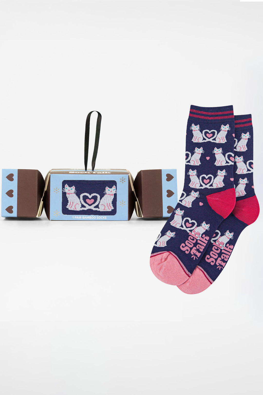 Cat-Heart-Tails-Bamboo-Crew-Socks-Christmas-Cracker-Gift-Box-In-Navy-Blue