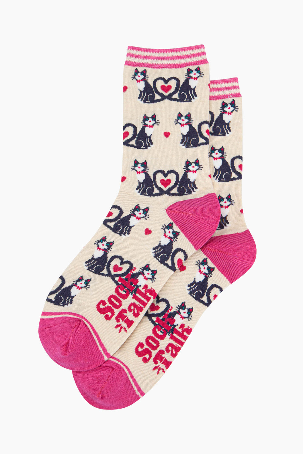 womens-bamboo-socks-cream-cats-love-heart-tails-laying-flat-showing-the-pattern-covering-the-whole-design