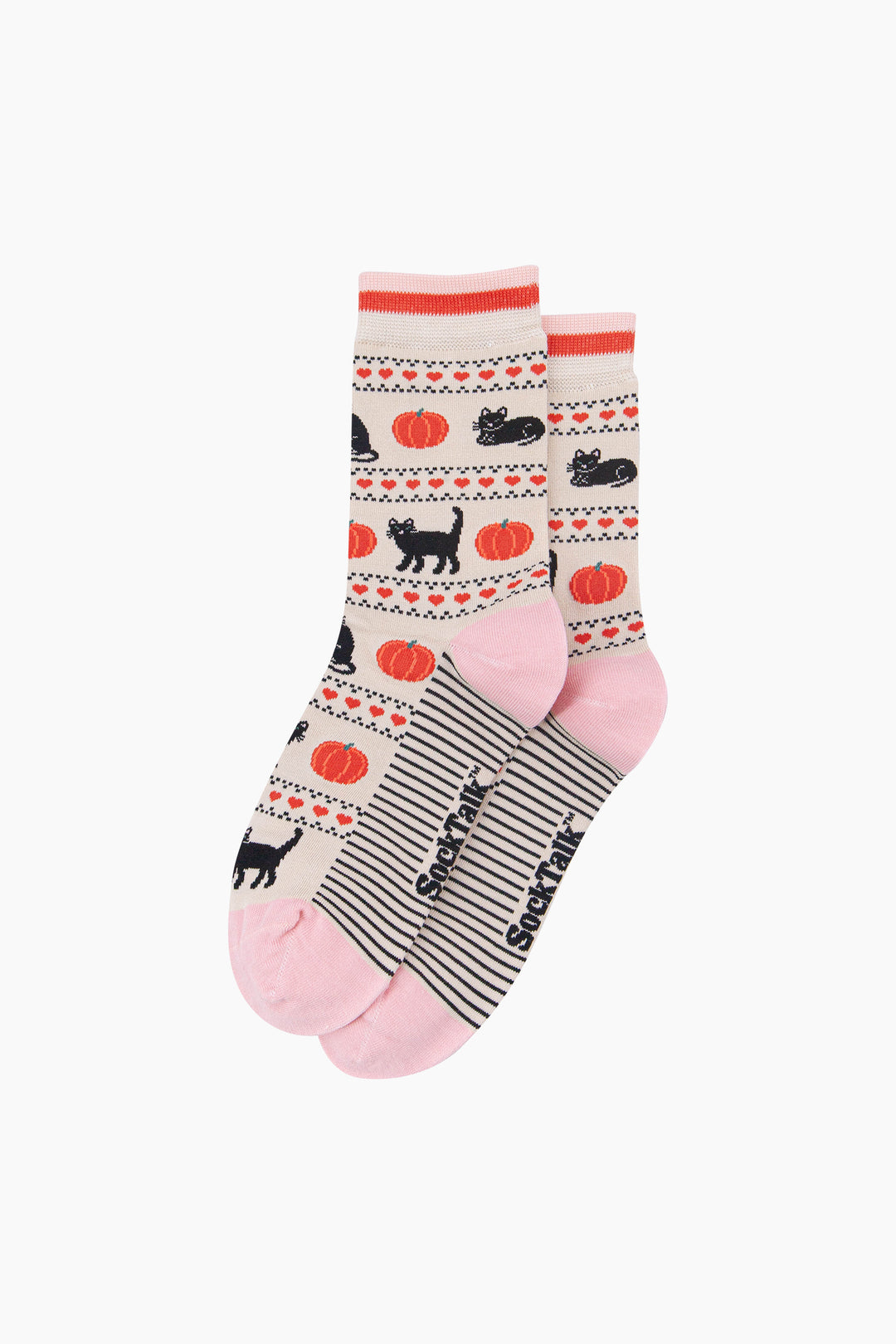 Black-Cat-&-Pumpkin-Women's-Bamboo-Socks-in-Cream-Laid-Flat