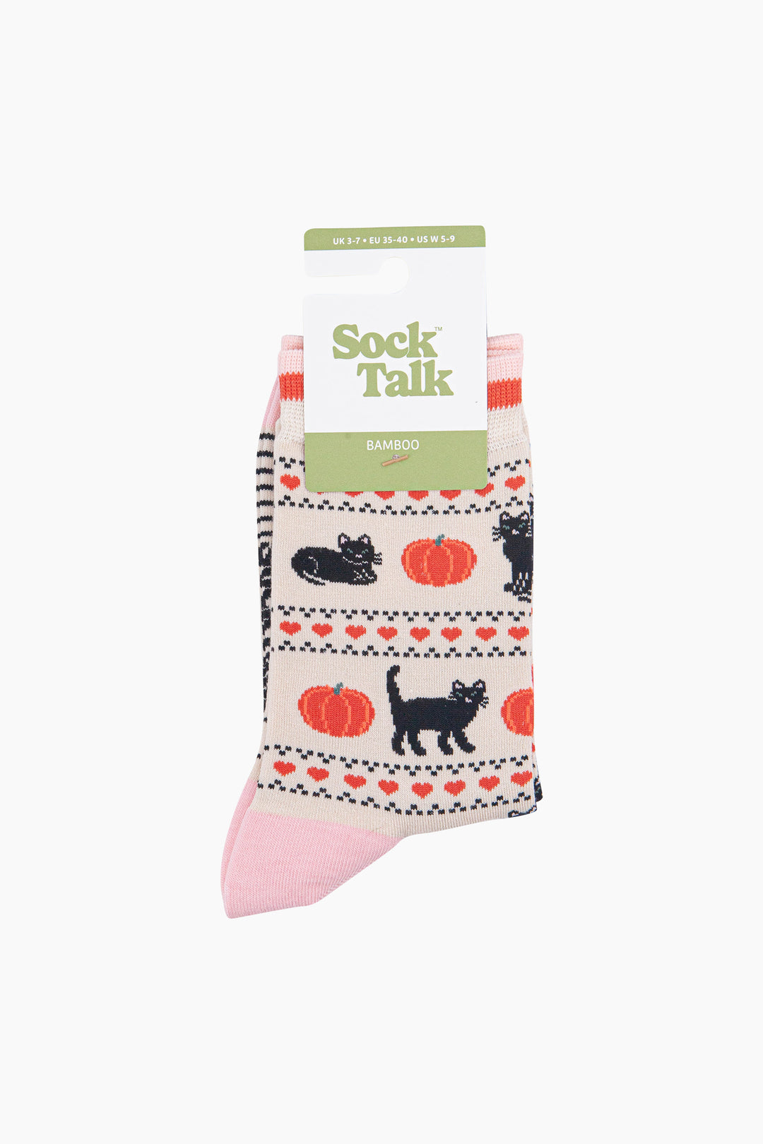 Black-Cat-&-Pumpkin-Women's-Bamboo-Socks-in-Cream-In-Packaging