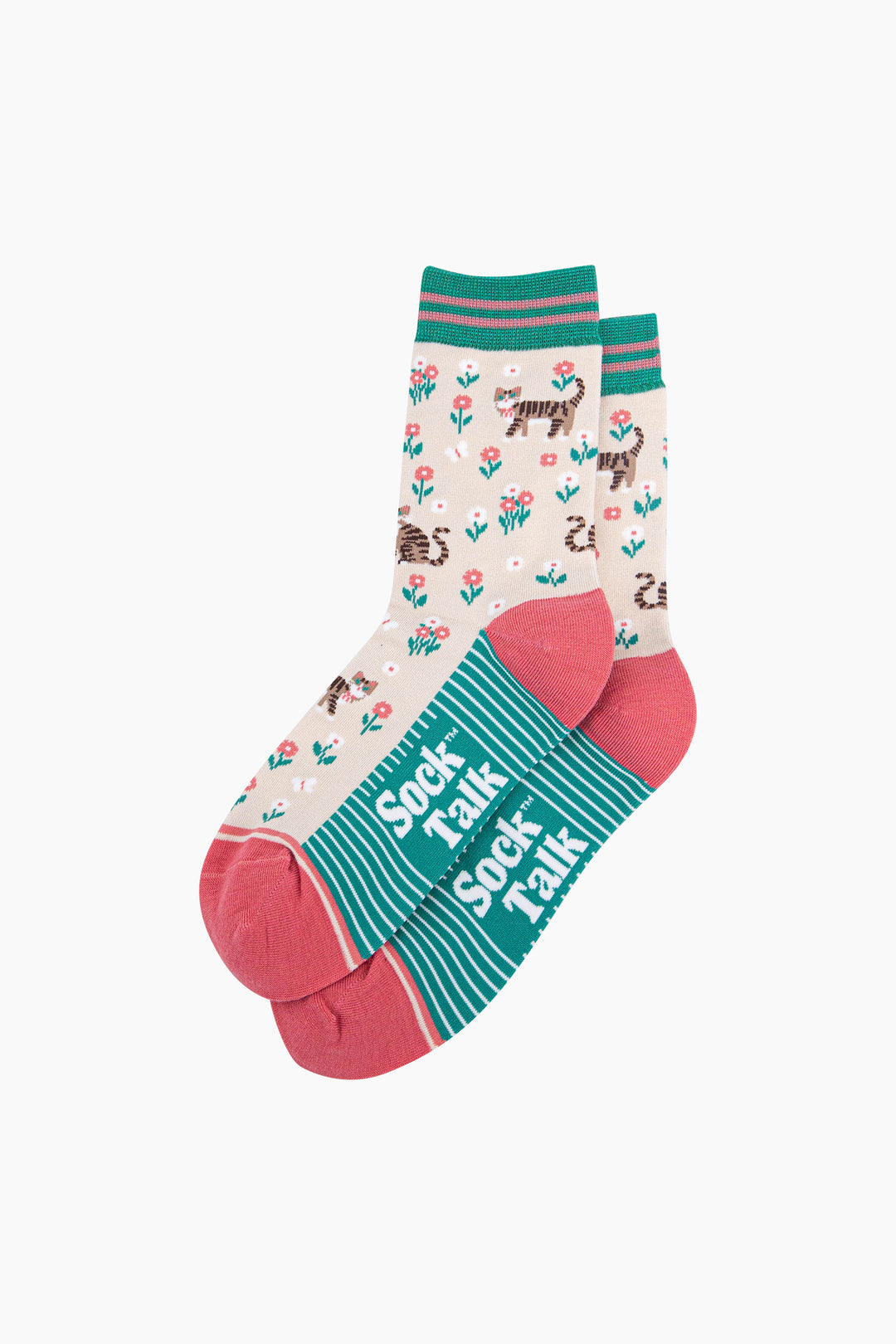 Tabby-Cat-Floral-Bamboo-Socks-in-Cream-Laid-Flat